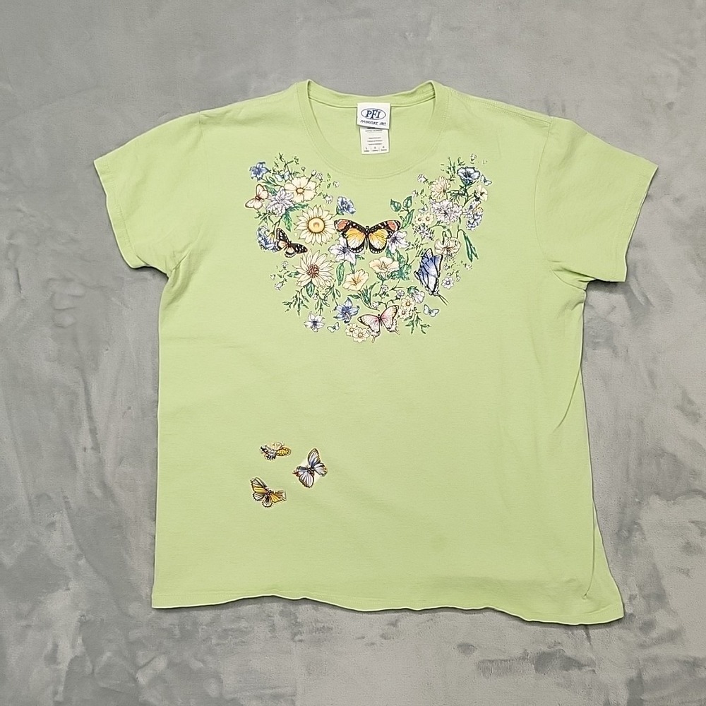 VTG Butterfly Floral Shirt Ladies L Green Nature Garden Short Sleeve Cottage Tee